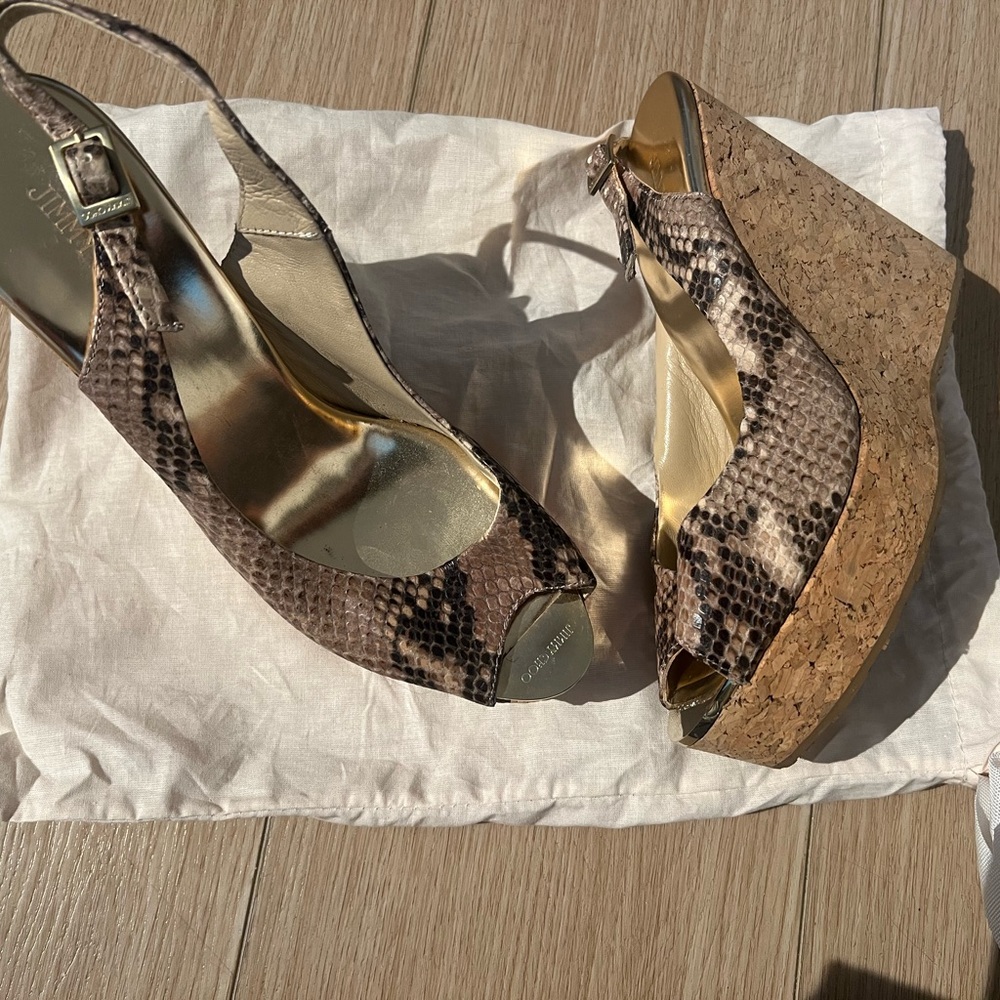 Jimmy Choo Snake-Embossed Cork Wedge Peep-Toe Sandals 38